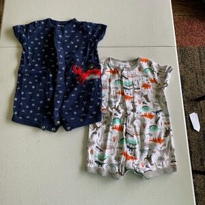 Set of 2 Rompers Size 6 Months Set Crab and Nautical Theme and Dinosaur Prints